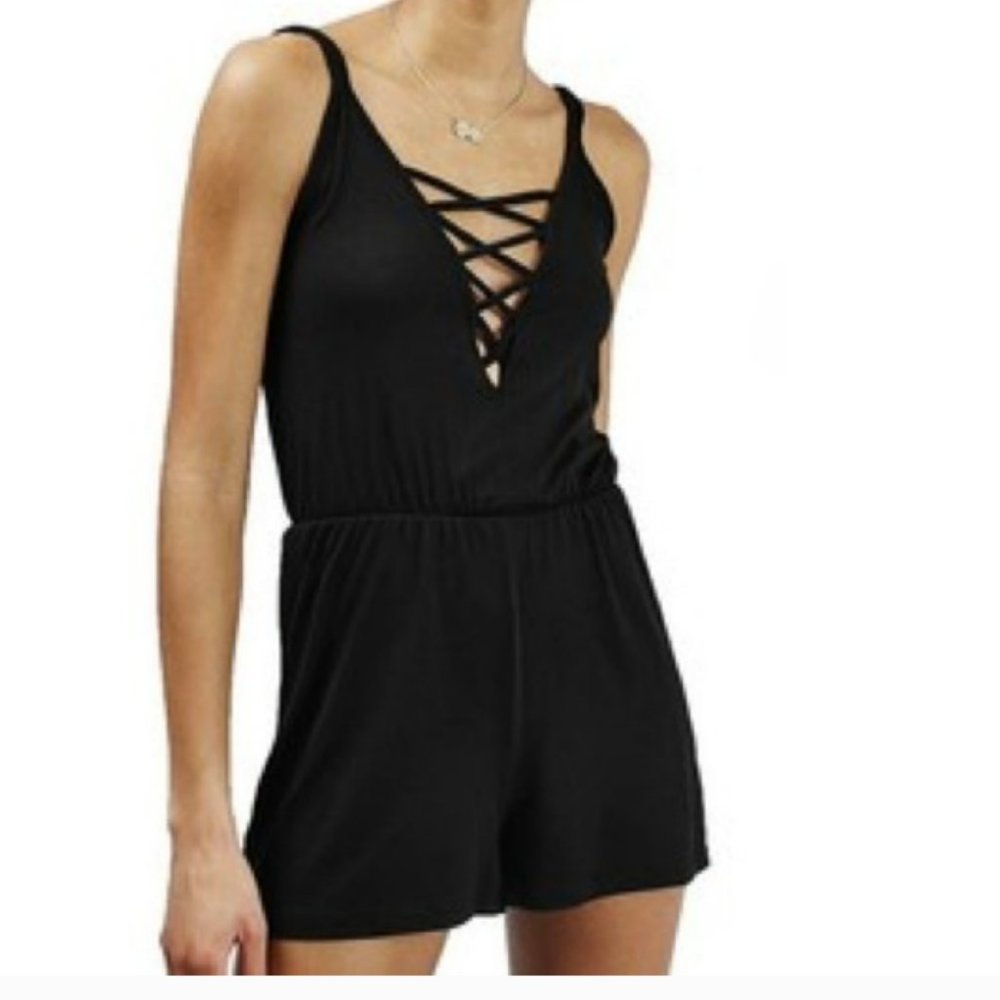 Topshop Black Front Lattice Romper, Size 4